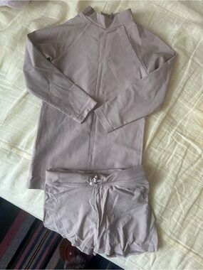 Beige Two-Piece Swim Set - Long Sleeve Rash Guard & Shorts